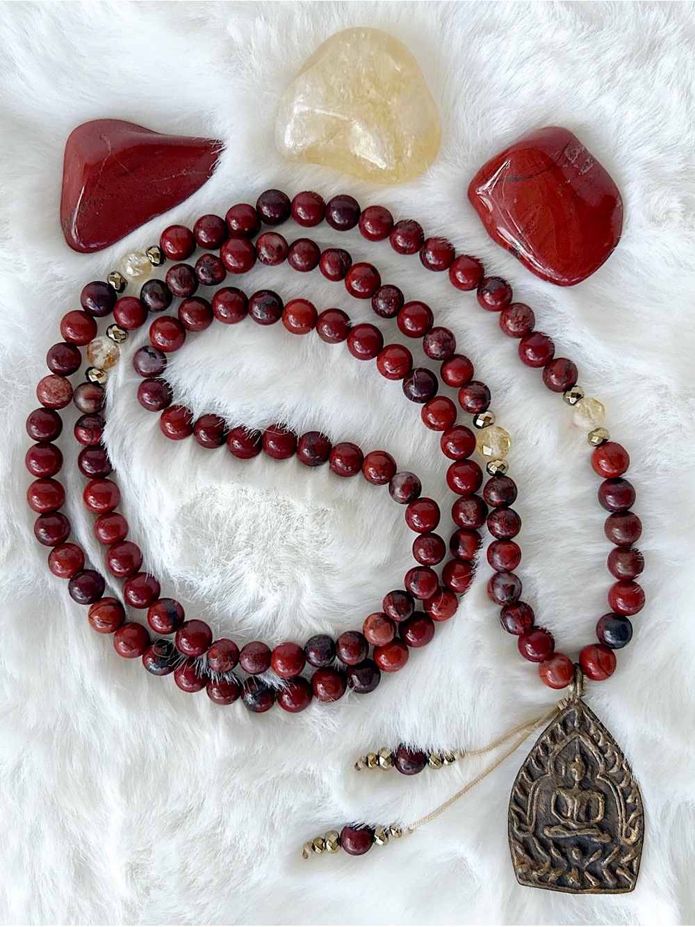 Red Jasper Beaded Mala Necklace with Buddha Pendant